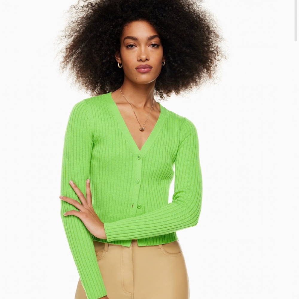 Aritzia Green Ribbed V-Neck Button Cardigan